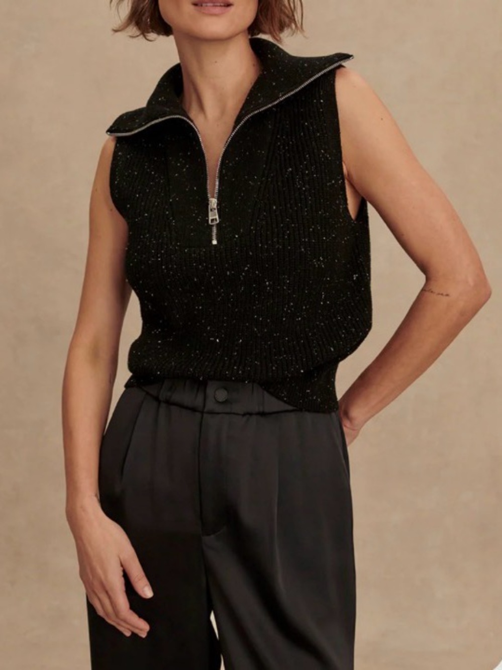 Varley Hally Half-Zip Rib Vest in Black Fleck size M